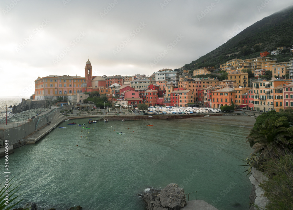 Genova Nervi,picturesque village of colorful houses seen from  Anita Garibaldi seafront.Genoa,Italy