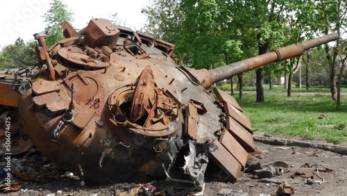 burnt tank on the street of Mariupol