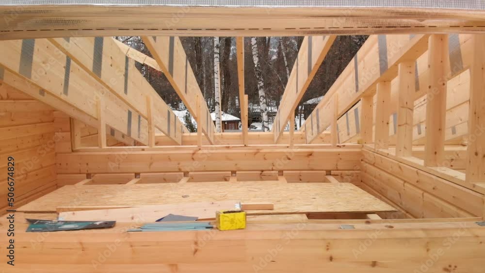 Aerial shot wooden construction of wooden roof Aerial shot wooden construction of wooden roof