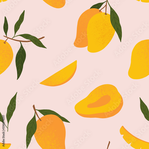 Seamless vector pattern with hand drawn textured mango on pink background. Tropical fruit background. For the design of textiles, wrapping paper, wallpaper. 