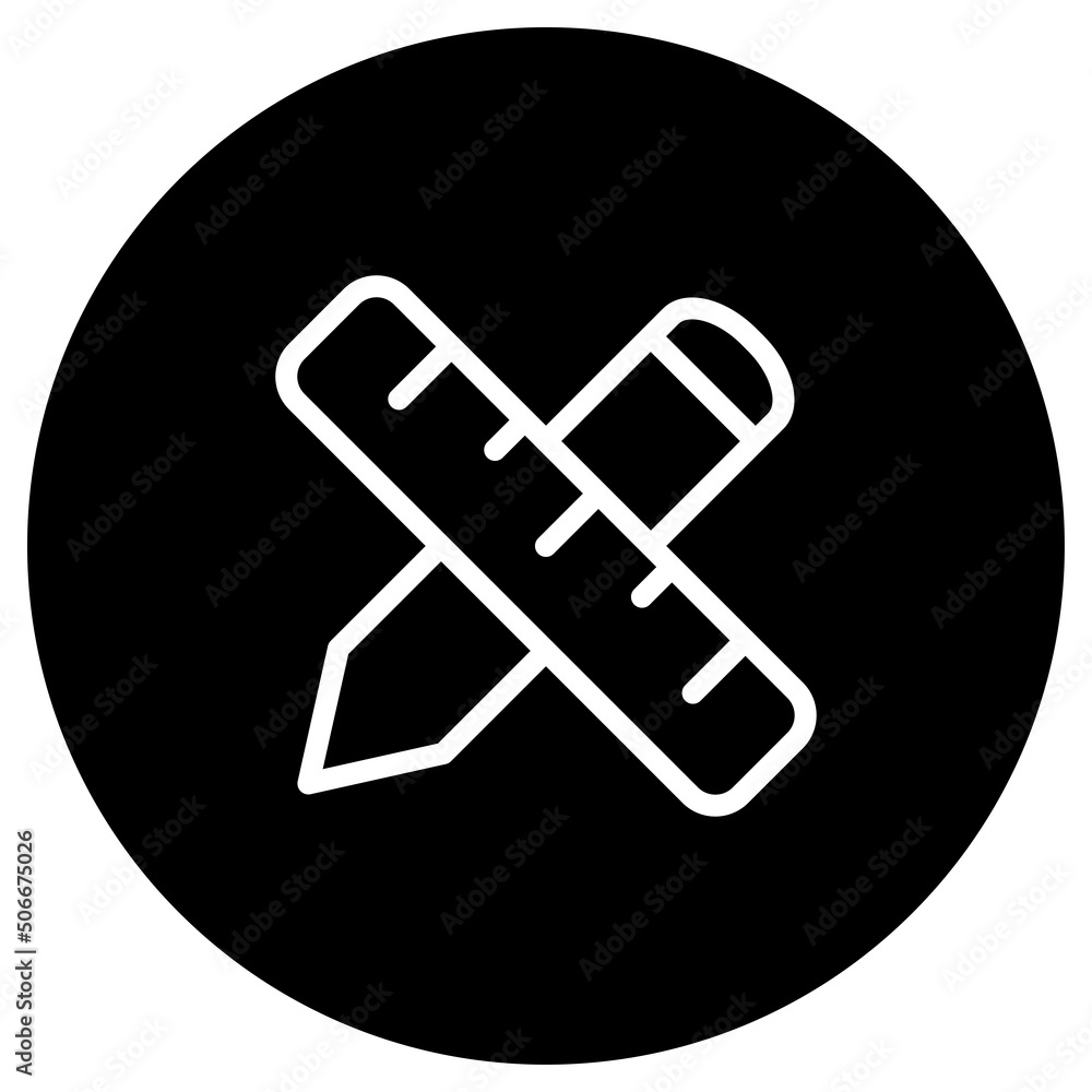 Ruler, pen simple icon vector. Flar design. White icon on black circle. White background.ai Ruler, pen simple icon vector. Flar design. White icon on black circle. White background.ai