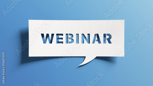 Webinar online education, conference, course, meeting on internet. Communication technology on the web to watch live stream. Teamwork, remote working, e-learning concept. Cutout paper, blue background