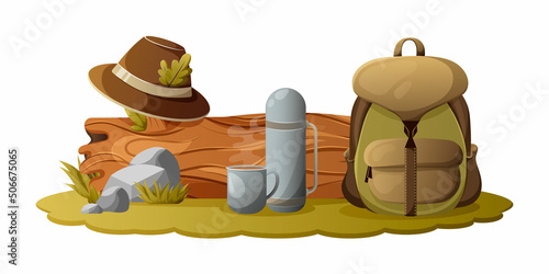 Picnic or camping, vector illustration with a log, a backpack, a thermos with a mug of hot drink, a hat on the lawn. Cartoon style for banner, sticker, games. The concept of outdoor recreation, hiking