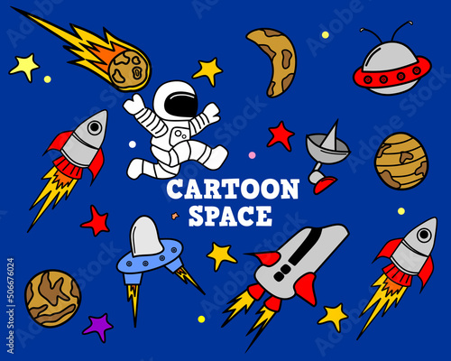icon set cartoon theme illustration space, rocket, planet, star, astronaut.icon design for kids