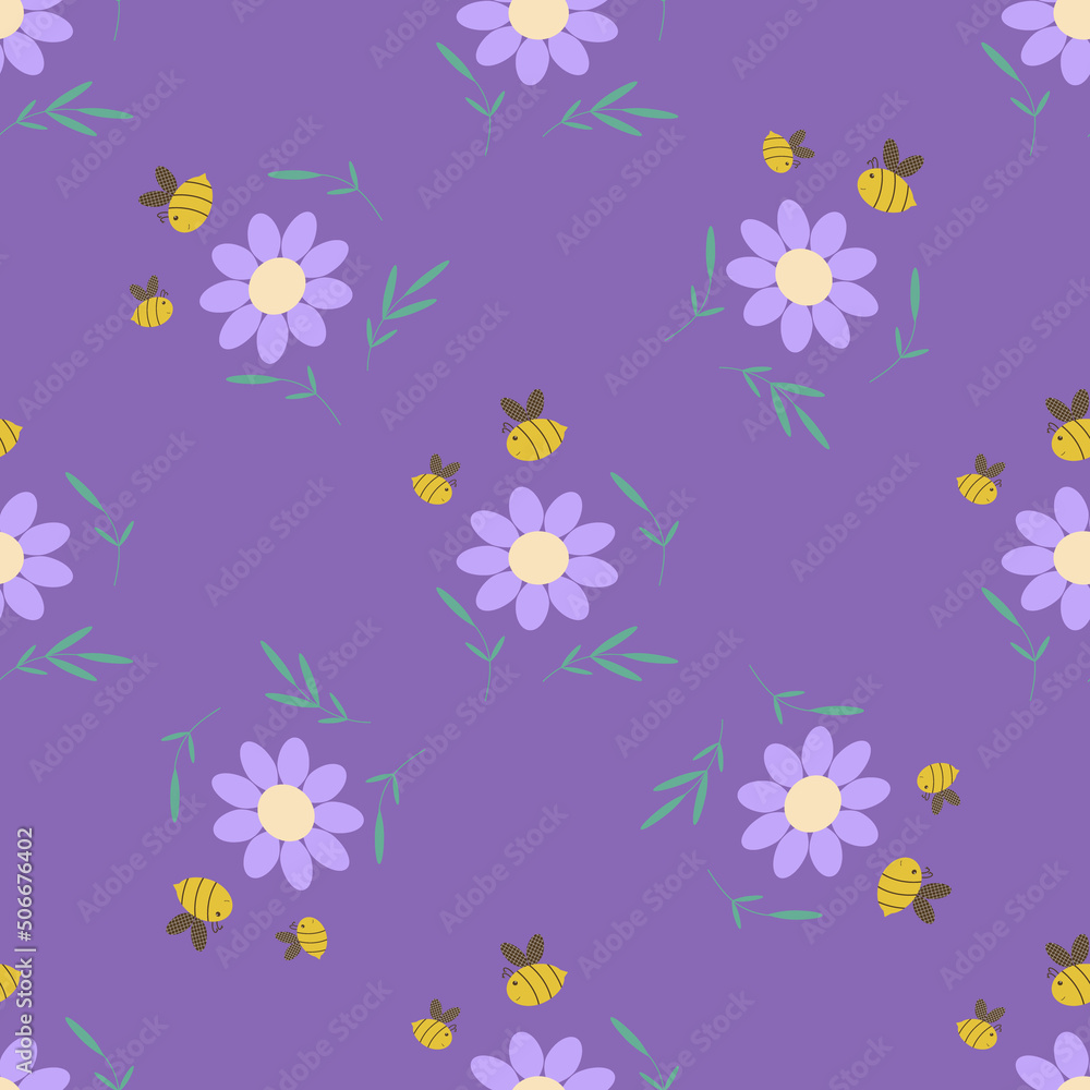Bee and daisy seamless patterns. Design of floral textile for baby, kid print fabric. Endless repeating green background of purple, lilac flowers, chamomile, daisies, plants, bee and wasp. Vector
