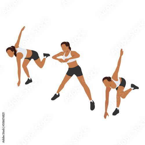 Woman doing Side shuffle exercise. Flat vector illustration isolated on white background