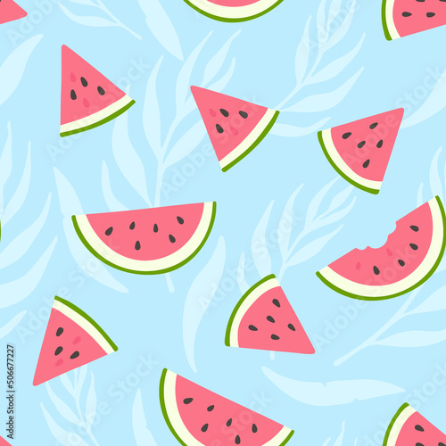 Bright seamless pattern with watermelon slices and leaves. Summer design for fabric, home textile, cloth, wrapping paper.