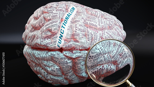 Functionalism in human brain, a concept showing hundreds of crucial words related to Functionalism projected onto a cortex to fully demonstrate broad extent of this condition,3d illustration photo