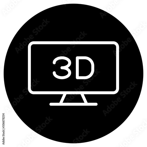 3D, TV simple icon vector. Flat design. White icon on black circle. White background.ai