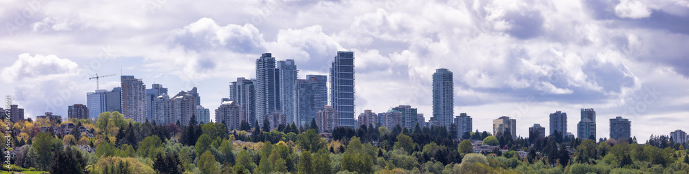Panoramic View of Residential Apartment Home Buildings in Metrotown. Green Trees in Deer Lake Park, Burnaby, Vancouver, BC, Canada.