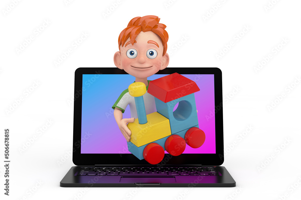 Cartoon Little Boy Teen Person Character Mascot with Colorful Children Wooden Toy Locomotive Train Invites to Play Through Laptop Screen. 3d Rendering Cartoon Little Boy Teen Person Character Mascot with Colorful Children Wooden Toy Locomotive Train Invites to Play Through Laptop Screen. 3d Rendering