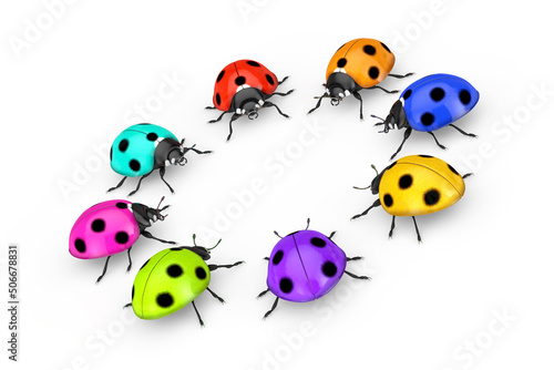 Circle Row of Multicolor Realistic Beautiful Ladybirds. 3d Rendering