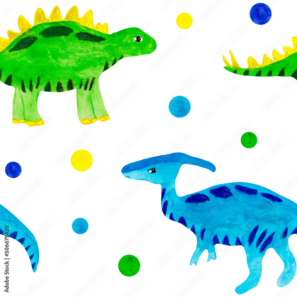 Fototapeta premium Watercolor seamless pattern cartoon dinosaurs with balls