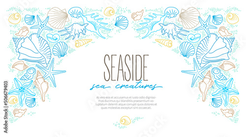 Vector frame, border of line art tropical sea elements, seashells, starfish. Doodles of marine life. Sea decor. Ocean invertebrates, sea creatures. Maritime illustration