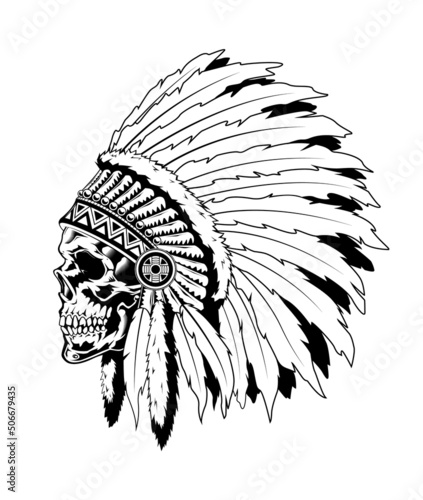 Vintage monochrome highly detailed illustration of Indian skull with feathers. Isolated vector template