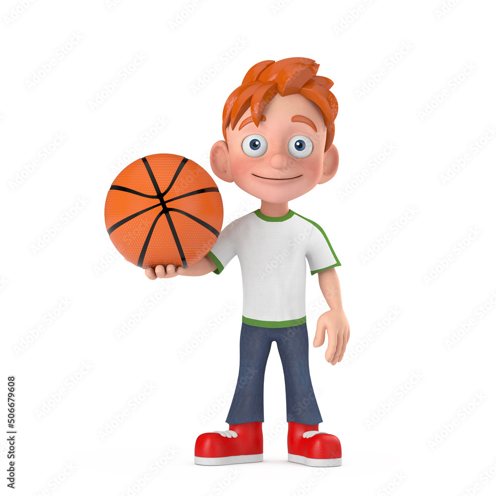 Cartoon Little Boy Teen Person Character Mascot with Basketball Ball. 3d Rendering Cartoon Little Boy Teen Person Character Mascot with Basketball Ball. 3d Rendering