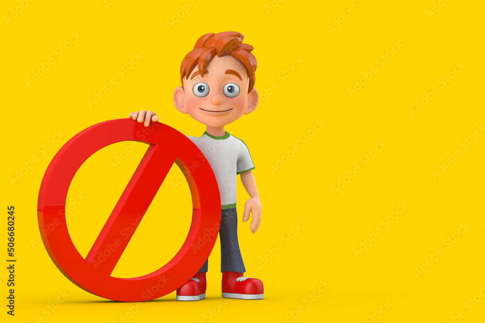 Cartoon Little Boy Teen Person Character Mascot with with Red Prohibition or Forbidden Sign. 3d Rendering Cartoon Little Boy Teen Person Character Mascot with with Red Prohibition or Forbidden Sign. 3d Rendering