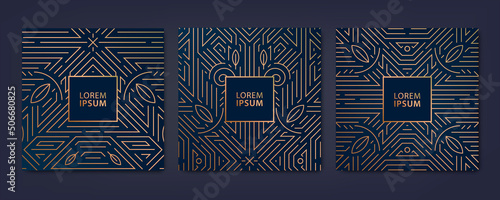 Vector set of luxury cover templates, square line art deco patterns. Design elements for placards, banners, flyers, presentations and cards.
