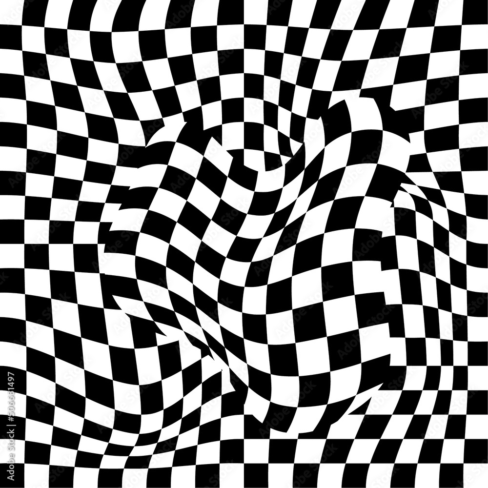 Distorted, deformed grids from checkered pattern. Abstract dynamical warp. Vector square deformation background. Black and white illustration.