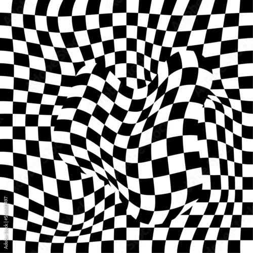 Distorted, deformed grids from checkered pattern. Abstract dynamical warp. Vector square deformation background. Black and white illustration.