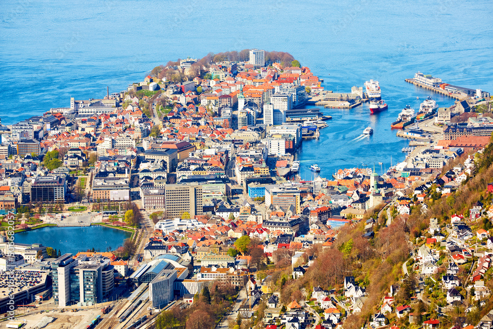Bergen waterfront aerial view, Norway