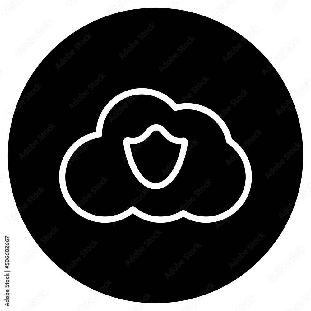 Protection, cloud simple icon vector. Flat design. White icon on black circle. White background.ai Protection, cloud simple icon vector. Flat design. White icon on black circle. White background.ai