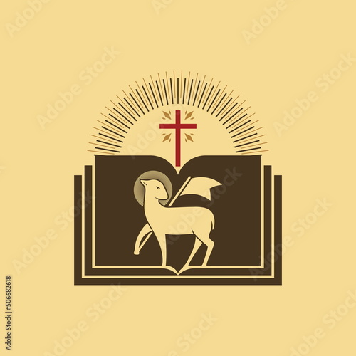 Christian illustration. Lamb of God on the background of the open book of life.