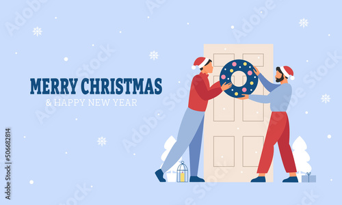 Merry Christmas background. Lgbt couple decorates house for the holiday celebration. Flat vector illustration.