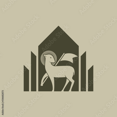 Christian illustration. God's lamb on the background of the Christian church.