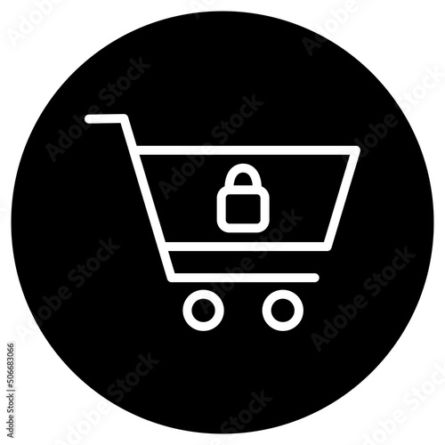 Shopping cart, lock simple icon vector. Flat design. White icon on black circle. White background.ai