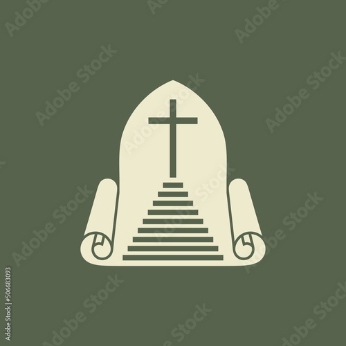 Christian illustration. An open scroll of Scripture, the steps of salvation leading to the cross.