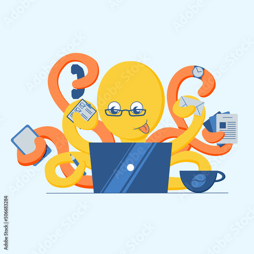 Illustration of cute working octopus with glasses, pad, pencil, phone, letter, watch, documents, cup of coffee, laptop