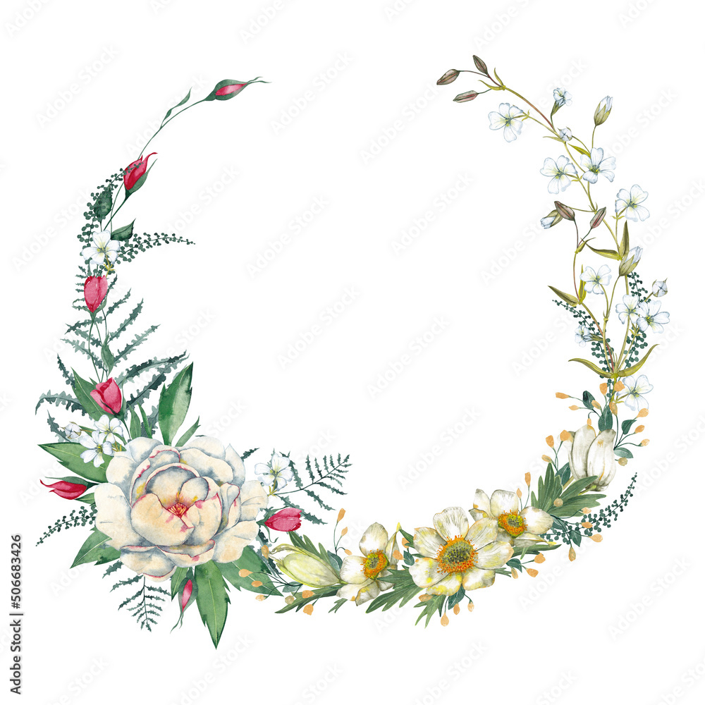 Fototapeta premium Delicate floral wreath. White peony flowers, red roses, leaves, fern and garden greenery. Romantic frame. Watercolor hand painted isolated element on white background.