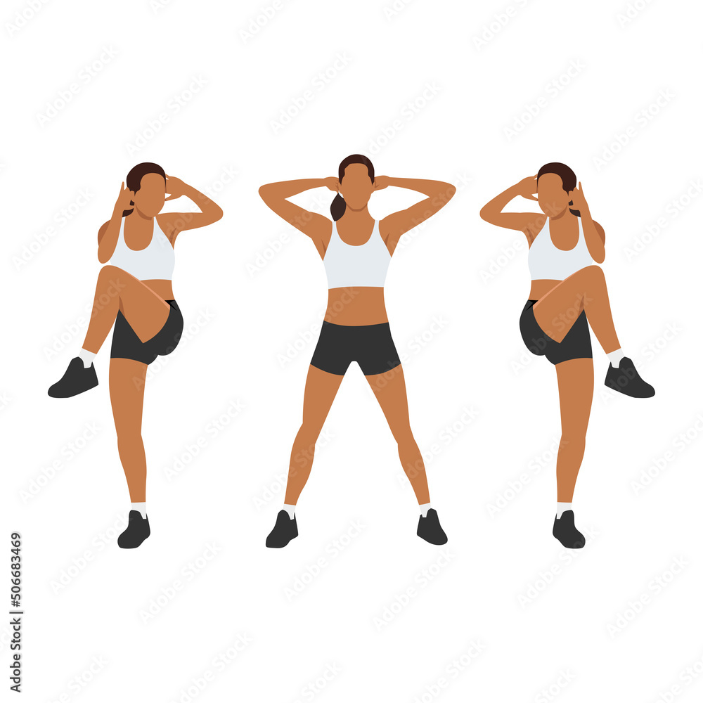 Woman doing Standing criss cross crunches exercise. Flat vector illustration isolated on white background Woman doing Standing criss cross crunches exercise. Flat vector illustration isolated on white background