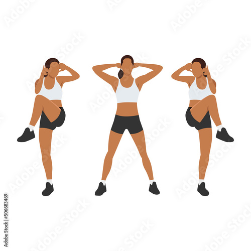 Woman doing Standing criss cross crunches exercise. Flat vector illustration isolated on white background