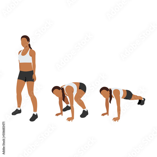 Woman doing Squat thrust exercise. Flat vector illustration isolated on white background
