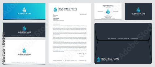 Water droplet logo with initials EG with stationery designs, business cards and social media banners