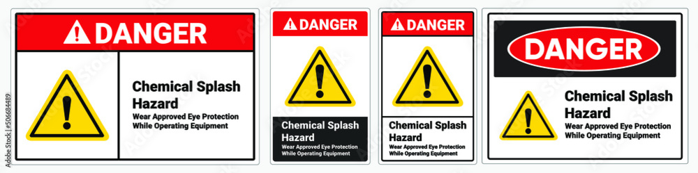 Safety sign Chemical Splash Hazard . Danger sign. OSHA and ANSI standard sign. Safety sign Chemical Splash Hazard . Danger sign. OSHA and ANSI standard sign.