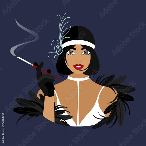 Burlesque. An elegant woman in a white dress and a black feather boa holds a mouthpiece in her hand. Classic 1930s Chicago women's wardrobe. Historical costume. Flat vector illustration.