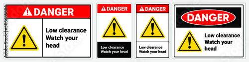 Safety sign Low clearance watch your head. Danger sign. OSHA and ANSI standard sign.  photo