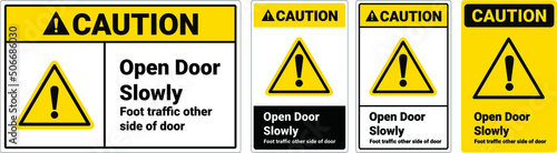 Safety sign Open door slowly, foot traffic other side of door caution.  OSHA and ANSI standard sign caution. 