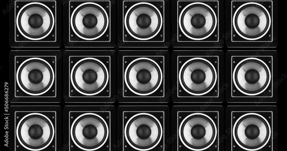 Background animation speakers making loud sound music.  Pumped sound waves. Speakers playing, membranes vibrating. subwoofer and speakers stacked playing music in seamless loop. Wall of speakers. 
