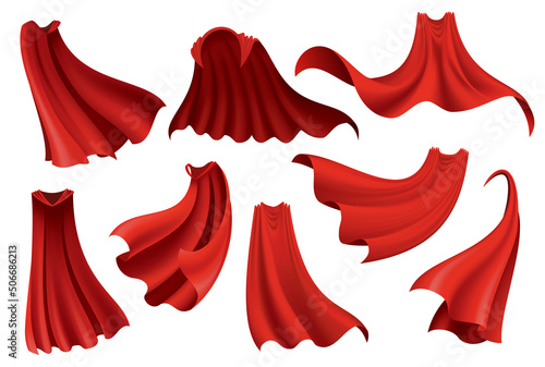 Superhero red capes. Scarlet fabric silk cloak in different position, front and side view. Carnival masquerade dress, realistic costume design. Flying Mantle costumes