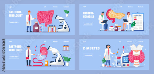 Pancreas, stomach, intestines doctors examine. Endocrinologists diagnose and treat human thyroid gland.