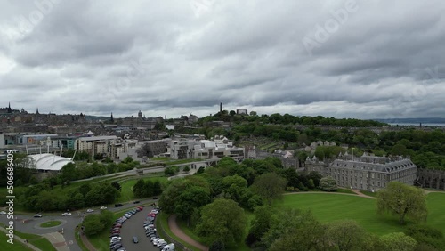 An aerial shot of the Scottish parliament, Holyrood palace and Calton Hill in Edinburgh, Scotland photo