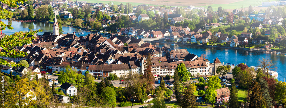 beautiful medieval town Stein am Rhein aerial view. Popular tourist attraction in Switzerland travel and landmarks