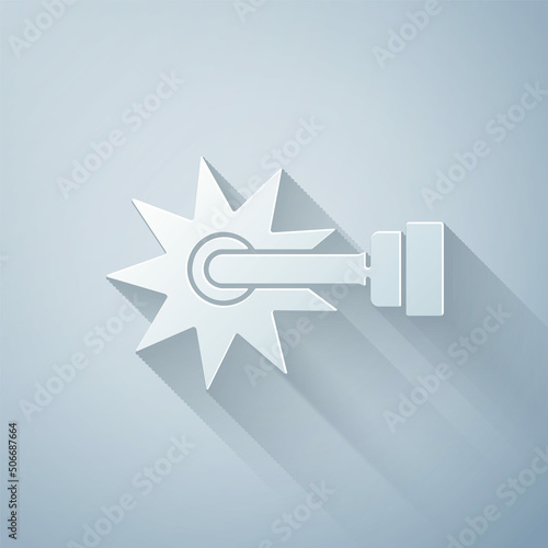 Paper cut Cowboy horse riding spur for boot icon isolated on grey background. Paper art style. Vector