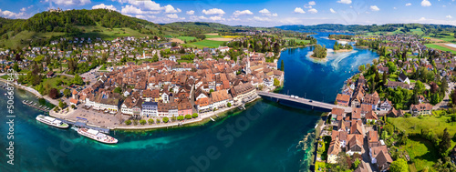 Fototapeta Naklejka Na Ścianę i Meble -  Aerial panoramic view of beautiful old town Stein am Rhein in Switzerland border with Germany. Popular tourist destination