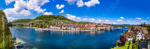 Aerial panoramic view of beautiful old town Stein am Rhein in Switzerland border with Germany. Popular tourist destination