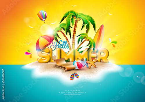 Vector Hello Summer Holiday Illustration with 3d Lettering on Ocean Landscape Background. Tropical Plants, Flower, Beach Ball, Air Balloon, Surf Board and Sunshade for Banner, Flyer, Invitation